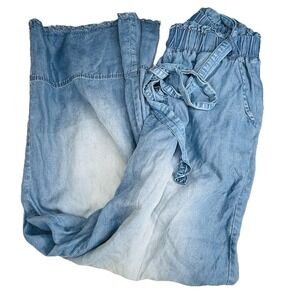 Zenana Wide Leg Chambray Pants L Blue Pull-On Pockets Frayed Hem Boho Lyocell